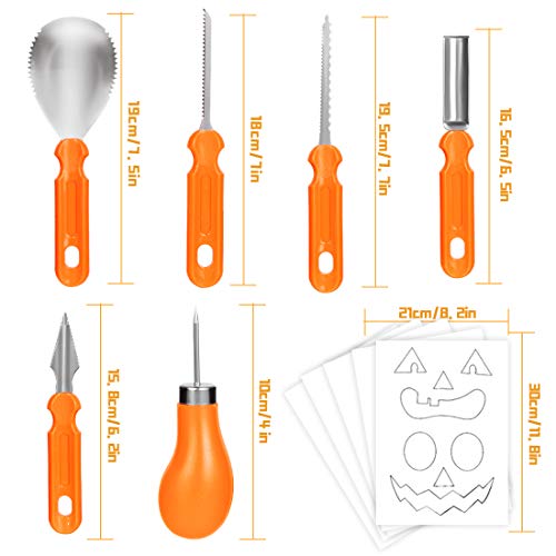 O-Kinee pompoensnijset voor Halloween, 6 stuks gereedschap van roestvrij staal met 10 snijsjablonen voor pompoen… - Image 4