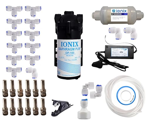 Image of IONIX High pressure Misting System Kit with Nozzles, Mist Pump, smps, Pipe 20mtr, Connectors etc. for Terrace /Balcony /Garden Cooling /Animal husbandry /Hydroponics /fish farming