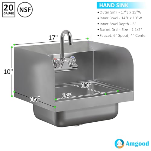 Image of AmGood Stainless Steel Wall Mount Hand Sink | NSF | Commercial Hand Washing Basin For Restaurant, Kitchen and Home (17 inch x 15 inch with Sidesplash)