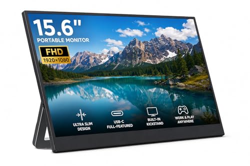 Image of Portable Monitor 15.6 Inch FHD 1080P HDMI USB C Second External Monitor for Laptop, Desktop, MacBook, Phones, Tablet, PS5 /4, Built-in Speaker with Protective Case