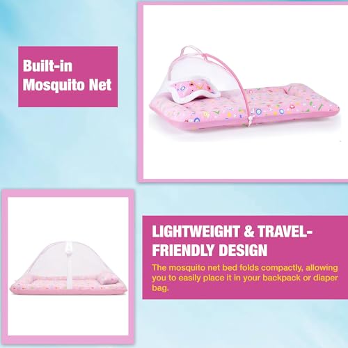 Image of SAFE-O-KID Cotton Baby Mattress with Cushion & Half Openable Mosquito Net | Foldable Bedding Set for Newborns & Toddlers | Lightweight & Travel-Friendly