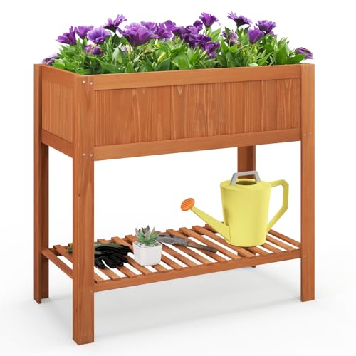 Giantex Raised Garden Bed Outdoor, Elevated Fir Wood Garden Box with Legs, Bottom Storage Shelf & Protective Liner, Planter Raised Bed for Gardening, Fruit, Vegetables, Herbs, 39