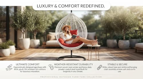 Image of UNIVERSAL FURNITURE Hanging Egg Swing Chair with Stand, Woven Wicker Rattan Style Swing with Cushion, Freestanding Indoor Outdoor Hanging Chair for Patio, Balcony, Garden & Porch (White Red)