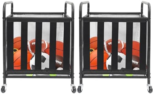 STO STO 2 Pack Rolling Sports Ball Storage Cart, Lockable Basketball Cage with Elastic Straps, Sport Equipment Holder Organizer for Indoor Outdoor, Steel Storage Rack for Playgroud and Gym