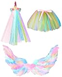 ramede 3pcs Unicorn Fairy Wings Costume for Girls, Include Angel Feather Rainbow Wings, Tutu Dress, Unicorn Headband for Halloween Costume Accessories Cosplay Dress up Birthday Decorations