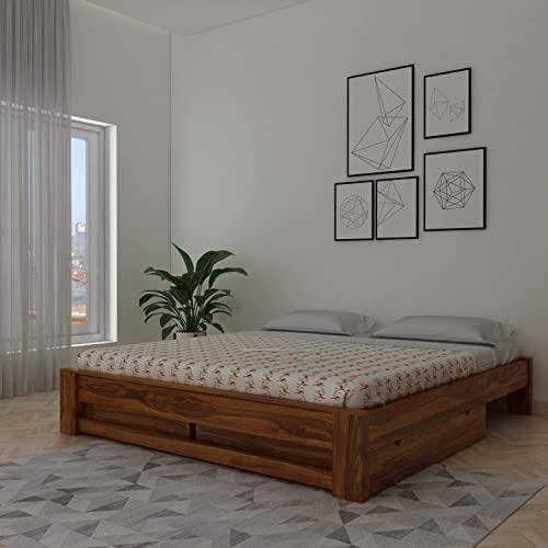 Image of SHRI MINTU'S ART Solid Sheesham Wood King Size Bed Without Storage | Wooden Double Bed Cot Bed for Bedroom Furniture | Palang Double Bed for Hotels | All (Queen, Brown)
