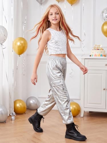 Image of Rolanko Girls Shiny Metallic Cargo Pants, Sparkle Jogger Pants for Girls Hip Hop Dance Streetwear Cargo Trousers 6-15 Years