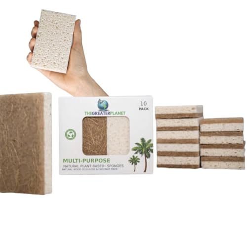 Image of THE GREATER PLANET- Natural Kitchen Sponges, Eco Friendly Cleaning sponges-Multipurpose Wood Cellulose Scrub sponges-10 Pack Biodegradable Organic Kitchen Dish Sponge Cleaning Earth Friendly Sponge.