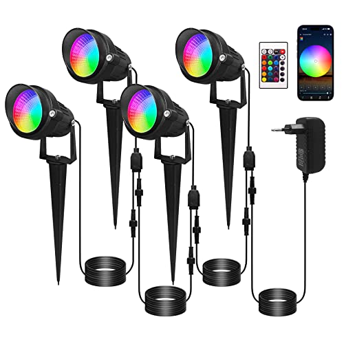 OUSIDE Spots de Jardin LED RGB, 12V 6W Lampe de Jardin RGB Extérieur Avec Télécommande et App Bluetooth,IP66 Étanchéité 16 Millions de Couleurs Projecteurs pour Pelouse Eclairage Décoratif(4 Pièces) Cover