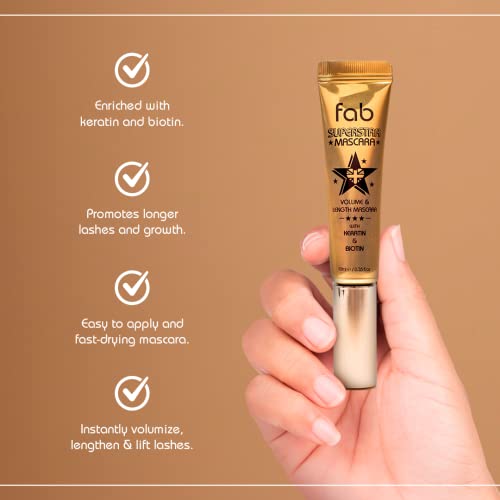 Image of Fab Superstar Mascara: Waterproof Volumizing High Lash Lift Beauty Mascara: Black Liquid Mascarra for Bold Volume and Length - Infused with Keratin and Biotin for Longer, Better Defining Lashes - 10ml