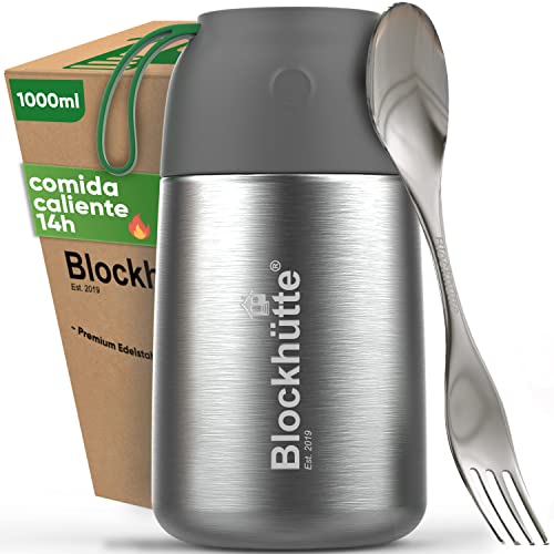 Blockhuette Termo para comida calientes de acero inoxidable I 1 litros I Con cepillo y tenedor, cucharaI papillero termico bebe para adultos y niños I Termo solidos para papillas, Recipiente termico