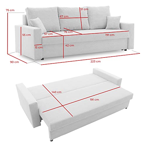 Couch Aikido I 223x90 - mit schlaffunktion - Farben zur Auswahl - modernen Couch - mit Bettkasten - Moderner Cordstoff - Stoff POSO (POSO 022) – Bild 4