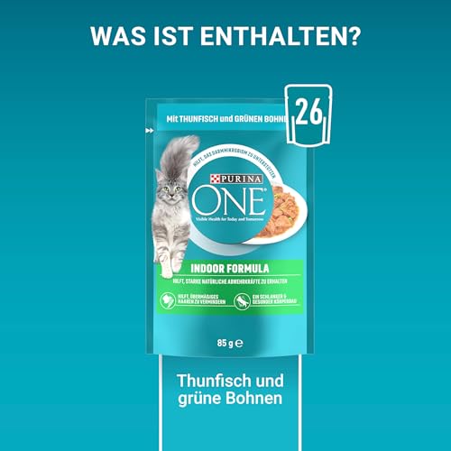 PURINA ONE Indoor Formula Katzenfutter nass, zarte Stückchen in Sauce für Hauskatzen, mit Thunfisch, 26er Pack (26 x 85g)