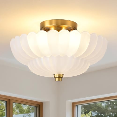 Image of Semi Flush Mount Ceiling Light,Gold Vintage Hallway Light Fixture, 11.8 Inch Scalloped Frosted Milk Glass Close to Ceiling Light for Bedroom Kitchen Living Room Bathroom Foyer, E26 Base