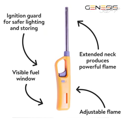 Image of Genesis Refillable Windproof Gas Flame Lighter for Kitchen, Stove, BBQ, Candles, Camping, Indoor & Outdoor (Yellow, Orange) (Pack of 2)