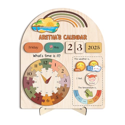 Mondily Interactive Calendar for Kids Ages 3+, Wooden Toddler Calendar, Teaching Seasons, Years, Months, Days of Week, Daily Activity Calendars for Kid Preschool & Homeschool (05 - rainbow name)
