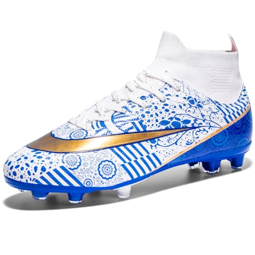 VTASQ Botas de fútbol para niños con pinchos de caña alta, zapatos de entrenamiento de fútbol, tacos, profesionales, atletismo, competición al aire libre, tenis transpirables para unisex, 1 blanco y