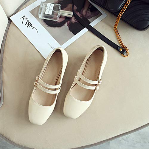 VOKLIN Women's Mary Jane Pump Oxford Retro Square Toe Buckle Strap Patent Leather Chunky Mid Heel Dress Shoes4