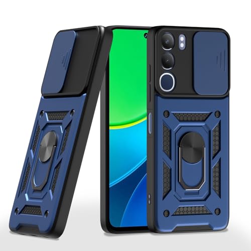 Image of Pikkme Back Cover for Vivo Y29 5G / Vivo Y19s | D10 Tough Armor | 360 Protection Case | Sliding Camera Shield Cover & Ring Holder Stand Bumper Case (Blue)
