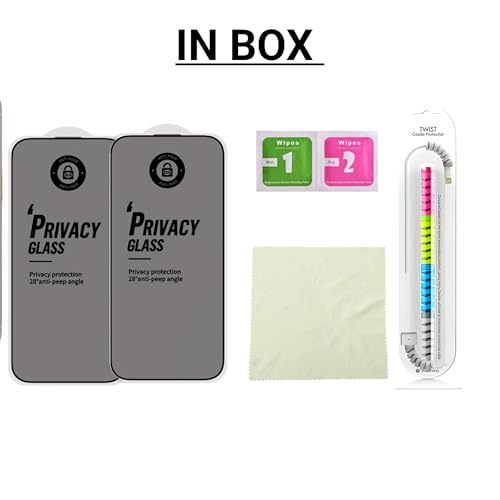 Image of Edge To Edge Privacy Tempered Glass Screen Protector Compatible With iPhone 14 Pro, 9H Hardness, Anti-Fingerprint, FHD Clear With Cable Protector Pack 2