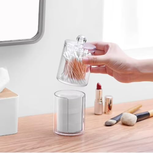 Porta Algodão e Cotonete Acrílico Duplo com Tampa Transparente Organizador Moderno para Banheiro e M