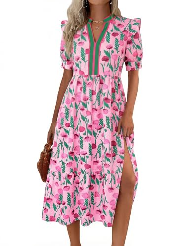 Image of Wenrine Womens Summer Midi Dress Casual Floral Puff Short Sleeve V Neck Swing Flowy Boho Beach Dresses with Pockets