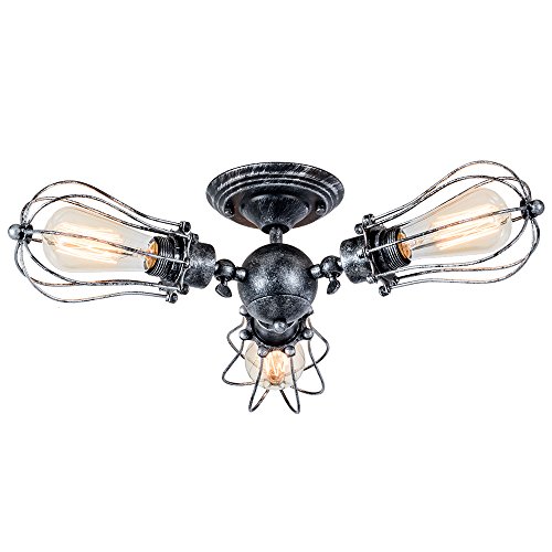 Vintage Ceiling Light Industrial Rotatable Semi-Flush Mount Ceiling Light Metal Lamp Fixtures Painted Finish (with 3 Light) (Silver)