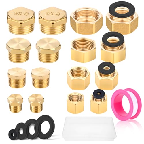 lompyeu 16 Piezas Tapón de Latón, Tapón Ciego Tuberia con Roscas Internas y Externas，1/8 1/4 3/8 1/2 3/4 In Pulgada Juego, Tapa Tubo Radiador para Tuberías de Agua de Jardín Al Aire Libre con Accesor