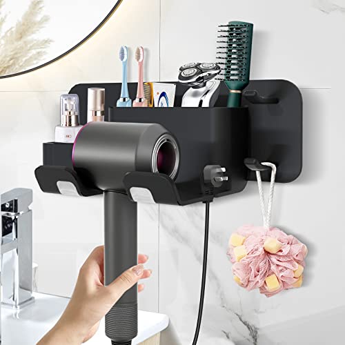 Hair Dryer Holder Wall Mounted, Self-Adhesive Blow Dryer Rack Removable Hair Tool Organizer with Plug Hook, Multi-Functional Hair Care Styling Tool Storage Basket for Bathroom