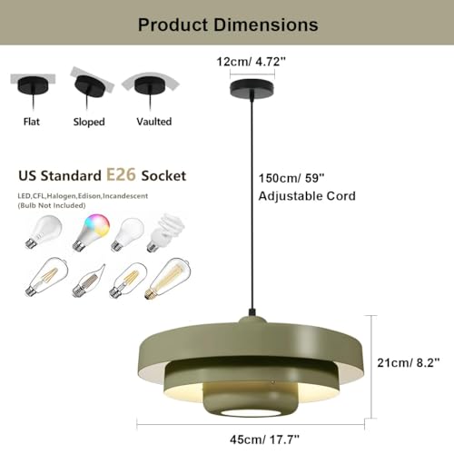 Image of Olive Green Large Pendant Light Fixture, 17.7 inch Vintage Industrial Adjustable Height Hanging Lamp for Farmhouse Cafe Bistro Kitchen Island Dining Room