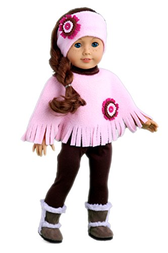 DreamWorld Collections - Pink Poncho - 4 Piece Outfit - Pink Fleece Poncho, Matching Headband, Brown Leggings and Brown Sherpa Boots - Clothes Fits 18 Inch American Girl Doll (Doll Not Included)