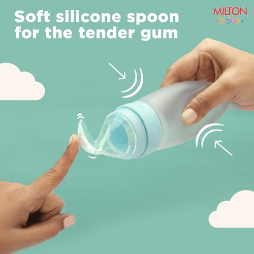 Image of Milton Baby Silicone Spoon Food Feeder I BPA Free-Food Grade I Anti-Spill Suction Base I Removable Strainer - Spill Proof Cap I Travel Friendly I for Cerelac, Puree and Semi Liquid Food I Sky Blue