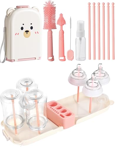 Image of Travel Baby Essentials, 7in1 Travel Baby Bottle Cleaning Kit, Baby Essentials for Flying Nipple, Drying Rack, Straw, Soap Dispenser Dish Soap for Bottles, Gift for Mom (Pink)