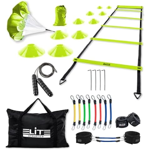 Elite Athletics Speed & Agility Training Set, Includes Agility Ladder, Leg Resistance Bands, 10 Cones, Running Parachute, Jump Rope, 4 Steel Stakes & Carrying Bag for Athletes in All Sports (Green) Cover