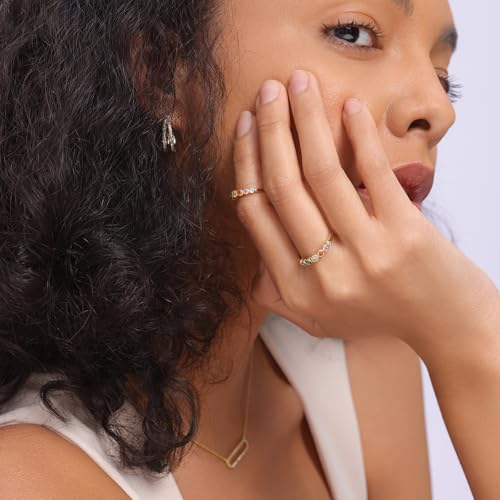 E Gold Rings for Women, 14K Rainbow Band Rings Eternity Thumb Rings Wedding Round Cubic Zirconia CZ Rings Dainty Colorful Rings for Her4