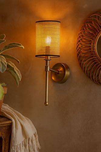 Image of AKWAY Antique Brass Finish Wall Lamps for Living Rooms with Bamboo Shade | Rattan and Cane Wall Lights for Bedroom | Wicker Wall scones - (Rattan Single Webbing Cylinder - Adya)
