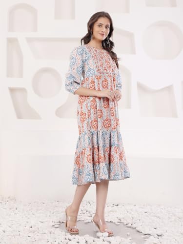 Image of SAVI Women's Cotton Printed Fit & Flare Midi Dress | Floral Ethnic Print | 3 /4 Sleeves | Round Neck | Tiered A-Line Casual Summer Dress