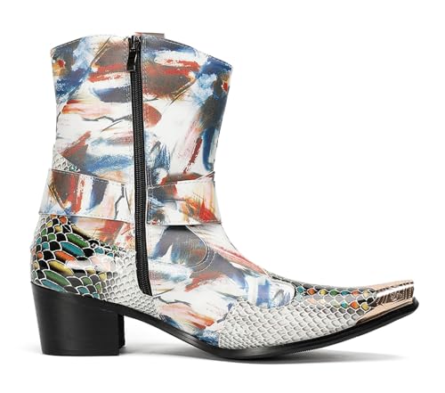 Santimon Cowboy Boot for Men Dress Casual Genuine Leather High Top Boots Metal Wingtip Zipper on Size Western Boots Fashion Wedding Singer Bar Party Ballroom Personalized Chelsea Boots3