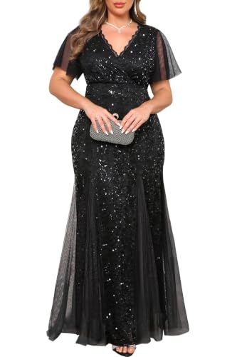 Talisea Plus Size Formal Dresses for Women Black Prom Evening Gowns Sequin Gala Wedding Guest Mermaid Tulle Hem Long Dress