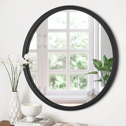 JJUUYOU Large Round Mirrors for Wall 24 Inch Hanging Circle Mirror for Bathroom, Black Wall Mounted Wood Frame Mirror for Living Room, Bedroom, Washroom, Dorm Cover