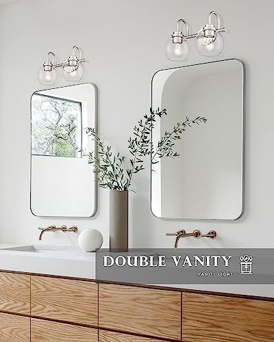 Image of 2-Light Bathroom Light Fixtures, Brushed Nickel Vanity Light with Globe Clear Glass Shade, Modern Vanity Lighting Fixtures Over Mirror, AD-22280-2W-SN