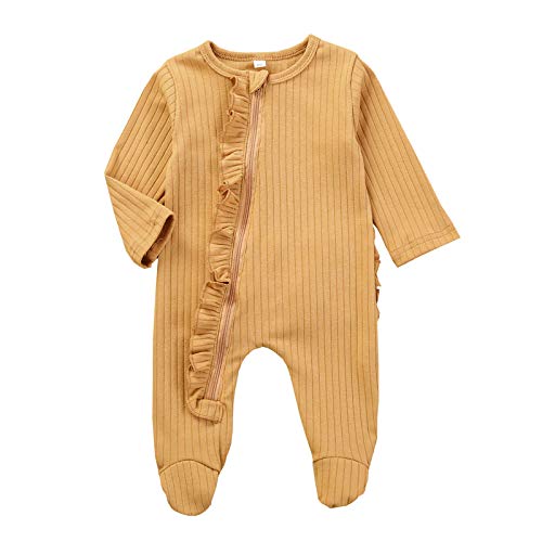 FYBITBO Unisex Newborn Baby Girl Boy Zipper Footie Pajamas Ribbed Ruffle Footed Romper Jumpsuits Sleeper Clothes Outfits 0-6 Months (0-3 Months,A-Khaki)