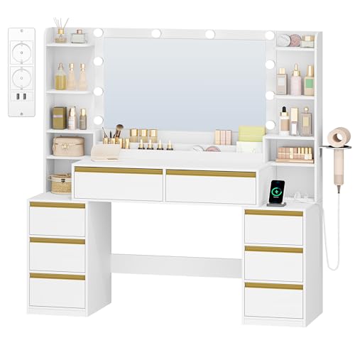 HEXCELEN 135 cm Tocado con Tomas de Corriente Integradas, Blanco-Dorado