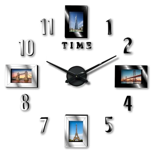 Larsa Home, Frameless 3D Analog DIY Wall Clock Adjustable Size Large Modern Sticker Numbers with Photo Frames Mirror Finish for Home, living room, Bedroom, and Office Decoration (Black and White)