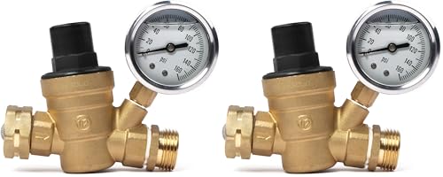 Image of U.S. Solid 3 /4 inch GHT RV Water Pressure Regulator, Adjustable Lead-Free Brass Water Regulator Valve with Gauge & Filter for RV, Camper & Garden Hose (Pack of 2)