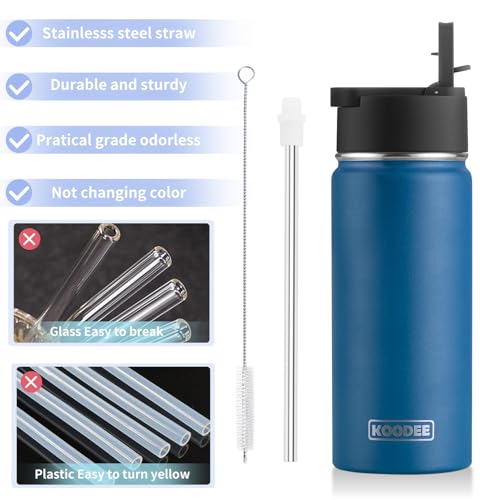 Image of koodee Water Bottle with Straw 16 oz Stainless Steel Double Wall Vacuum Insulated Water Bottle BPA Free, Boys Water Bottle for School (Navy)