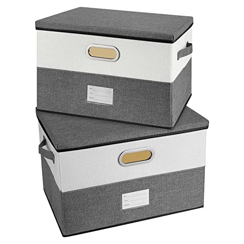 Image of Large Linen Fabric Foldable Storage Bins with Removable Lid and Handles, Washable Storage Box Organizer Containers Baskets Cube with Cover for Bedroom,Office (Grey&Cream, Medium(2-Pack))