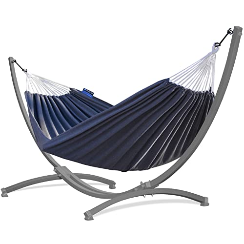 Potenza Outdoor Hängematte mit Gestell für 2 Personen I Baumwolle Doppelhängematte XXL 220x160, 200kg I Hängemattengestell 220kg, wetterfest (Grau, Gestell Grau)