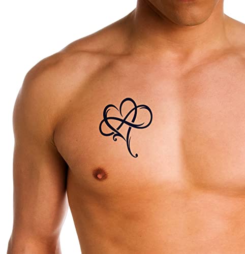 Lasting 1-2 Weeks Tattoo Juice Ink Temporary Tattoo Semi Permanent For Adults Woman Big Heart With Infinity Symbol Eternal Infinite Love Navy Blue That Look Real Men Women Chest Neck Arm (4 Sheets) #TOP4