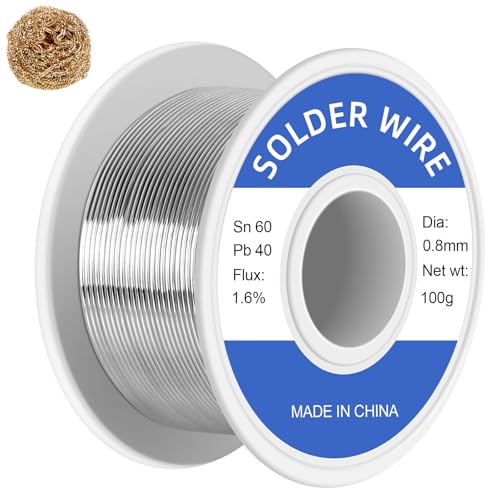 Image of 60-40 Tin Lead Rosin Core Solder Wire for Electrical Soldering, Electronics Repair, DIY Projects, With Soldering Tip Cleaner (0.8mm-100g)